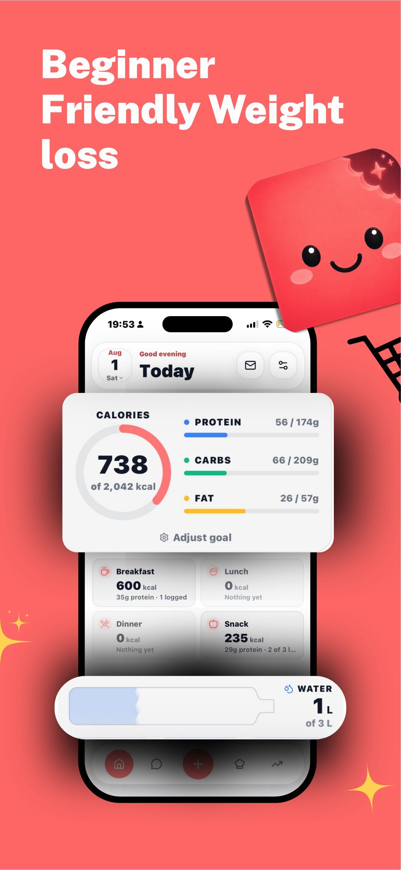 Beginner friendly weight loss: the daily dashboard with a calorie ring, protein, carb and fat bars, logged meals, and a water tracker