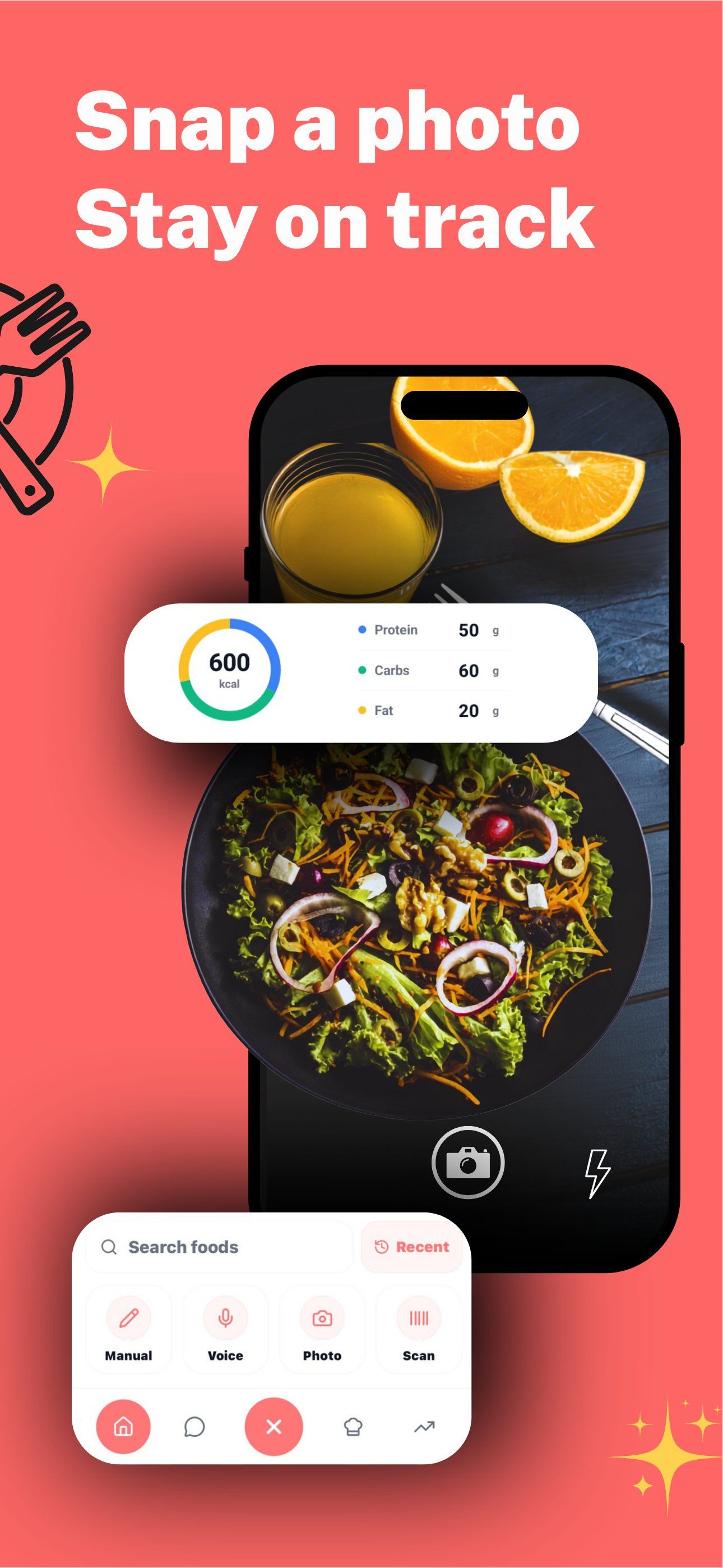 Snap a photo, stay on track: a photographed salad logged with its calories and macros