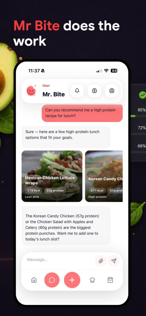 Step 3 in the app: Mr BITE recommends high-protein recipes that fit your numbers