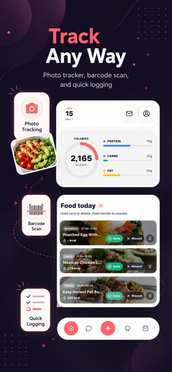 Step 2 in the app: log a meal by photo, barcode, voice, or search