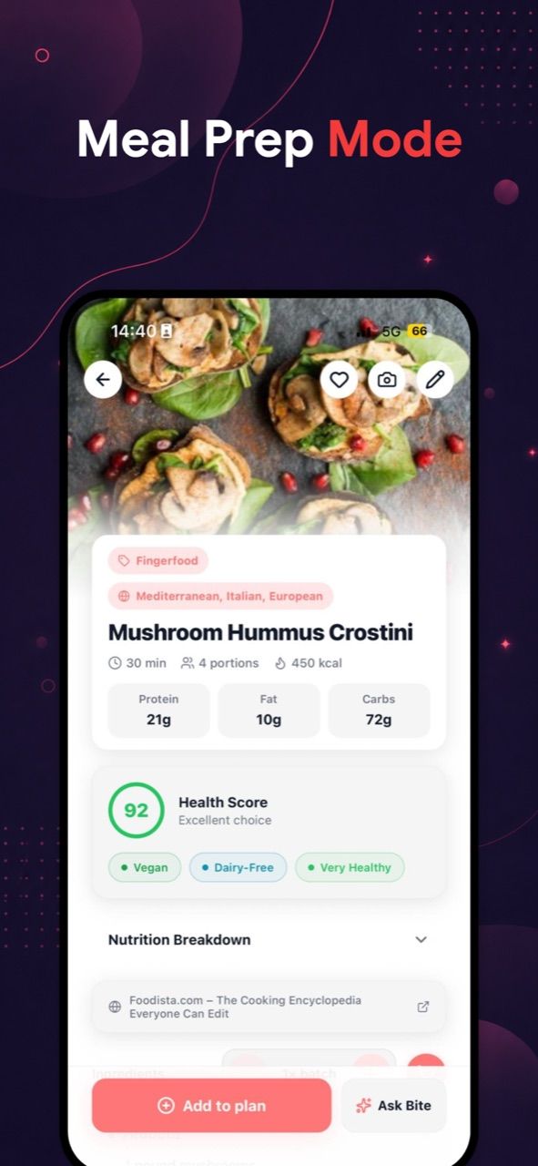 Step 4 in the app: meal prep mode with portion-ready recipes and a health score