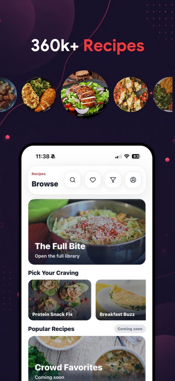 Step 4 in the app: a curated library of high-protein recipes to plan from