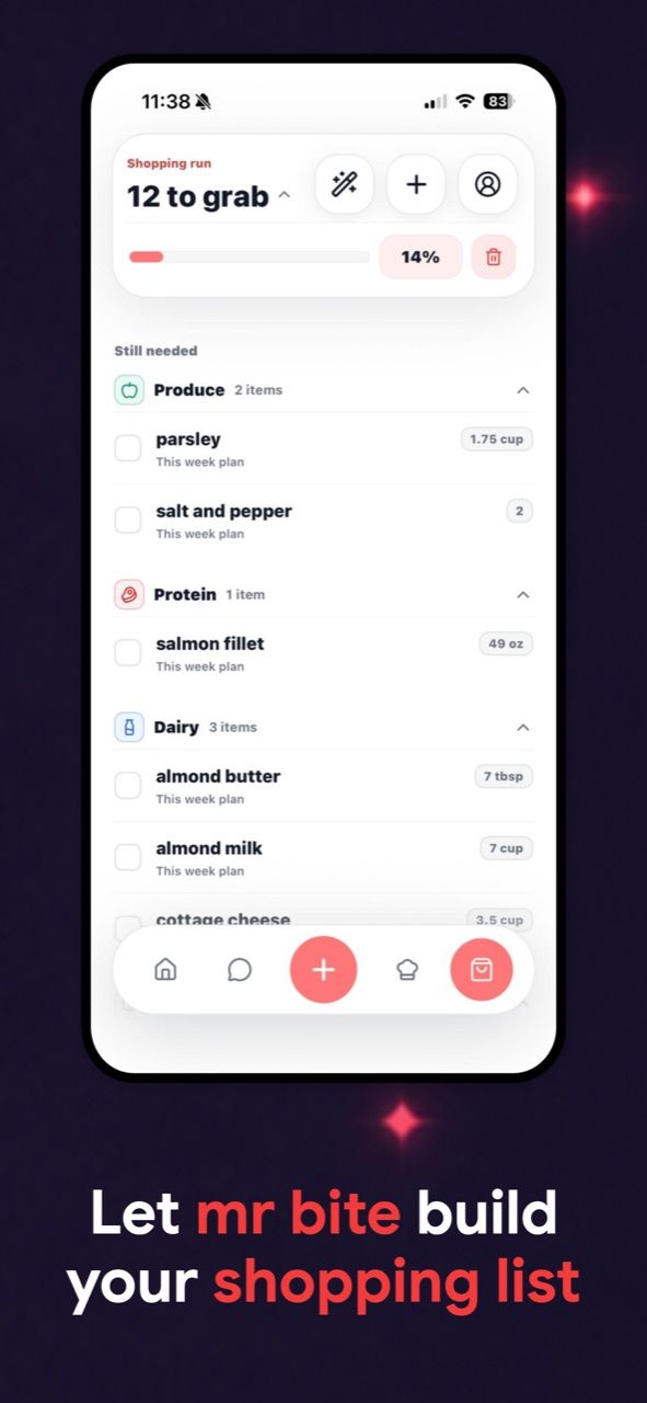 Step 5 in the app: your week becomes one shopping list, sorted by aisle